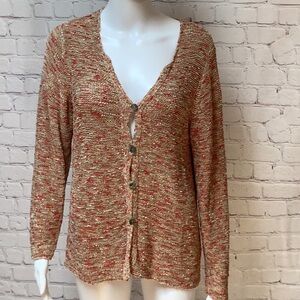 Sigrid Olsen Tan Coral Bronze Gold Tweed Texture Cardigan Sweater Size Large